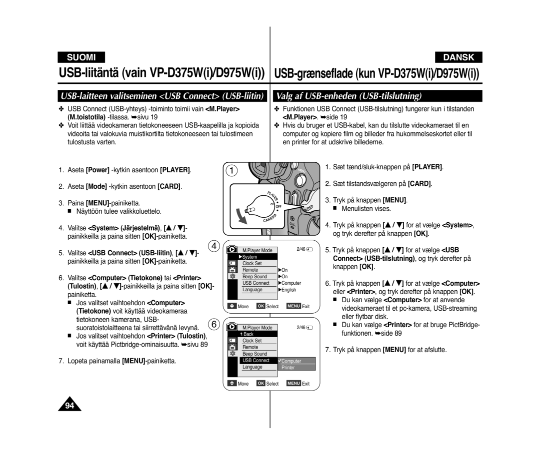 Samsung VP-D371/XEE, VP-D371W/XEE Valg af USB-enheden USB-tilslutning, USB-laitteen valitseminen USB Connect USB-liitin 