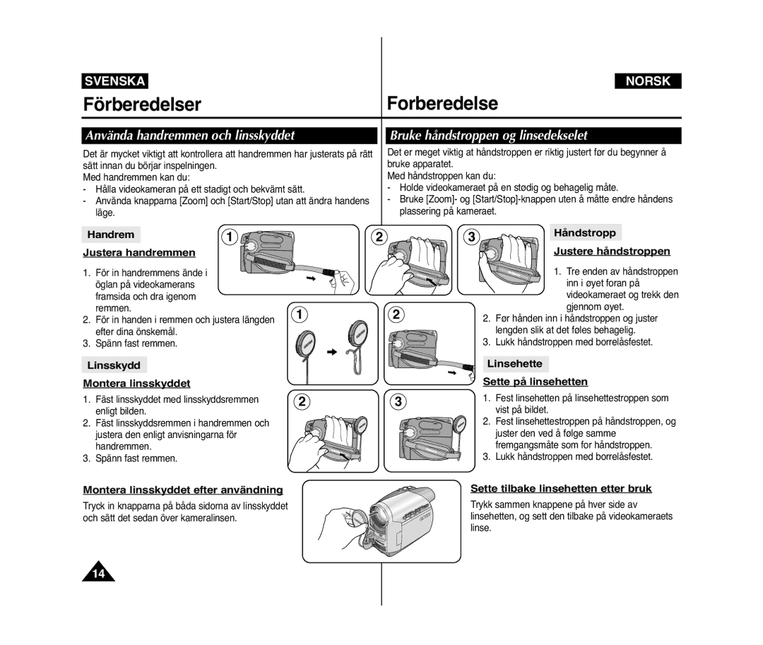Samsung VP-D371/XEE FörberedelserForberedelse, Använda handremmen och linsskyddet, Bruke håndstroppen og linsedekselet 