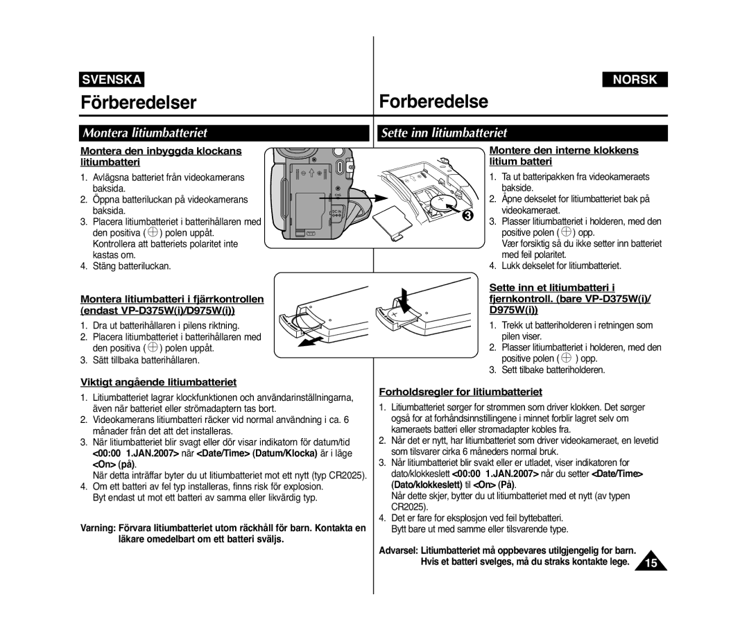 Samsung VP-D371W/XEE, VP-D371/XEE manual Montera litiumbatteriet, Sette inn litiumbatteriet 