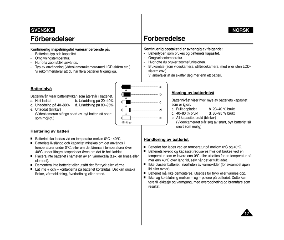 Samsung VP-D371W/XEE, VP-D371/XEE manual Batterinivå, Hantering av batteri, Visning av batterinivå, Håndtering av batteriet 