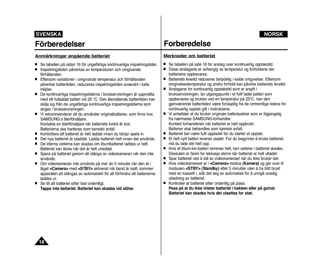 Samsung VP-D371/XEE, VP-D371W/XEE manual Anmärkningar angående batteriet, Merknader om batteriet 