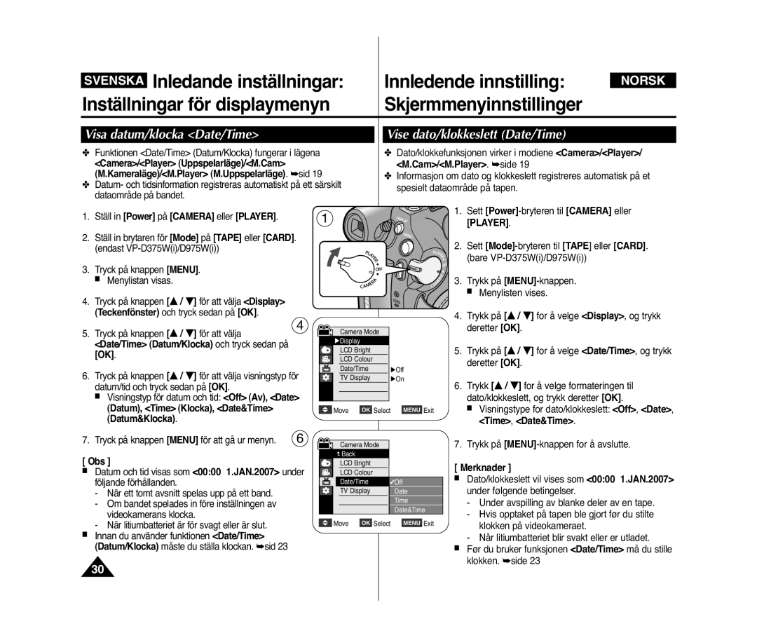 Samsung VP-D371/XEE, VP-D371W/XEE manual Svenska Inledande inställningar Innledende innstilling 