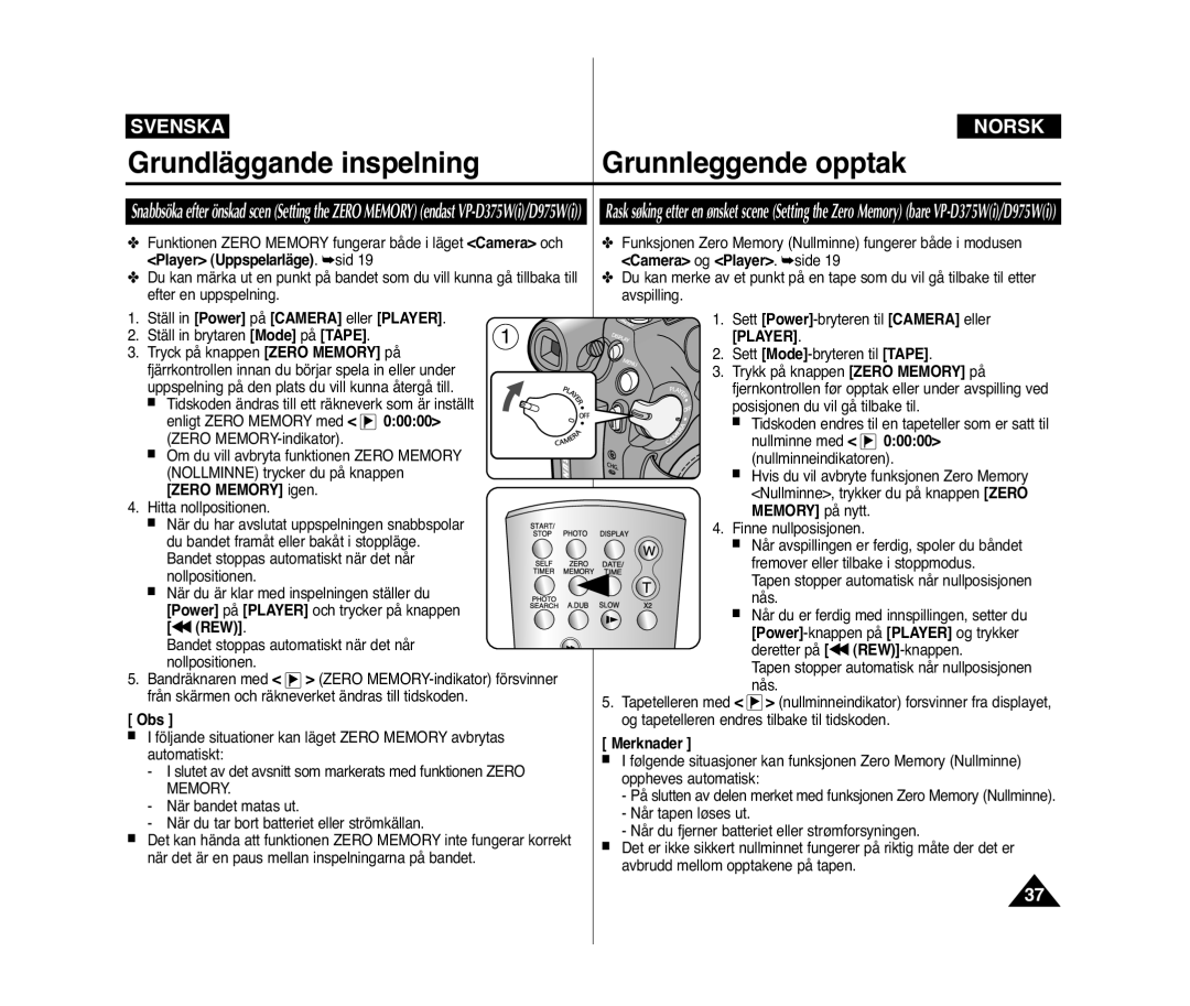 Samsung VP-D371W/XEE, VP-D371/XEE manual 00000, Zero Memory igen, Memory på nytt, Œœ REW 
