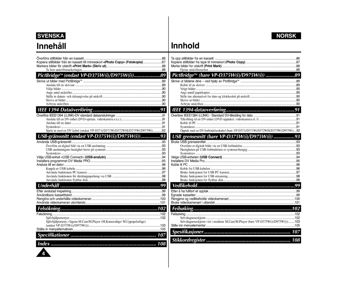 Samsung VP-D371/XEE, VP-D371W/XEE manual 107 