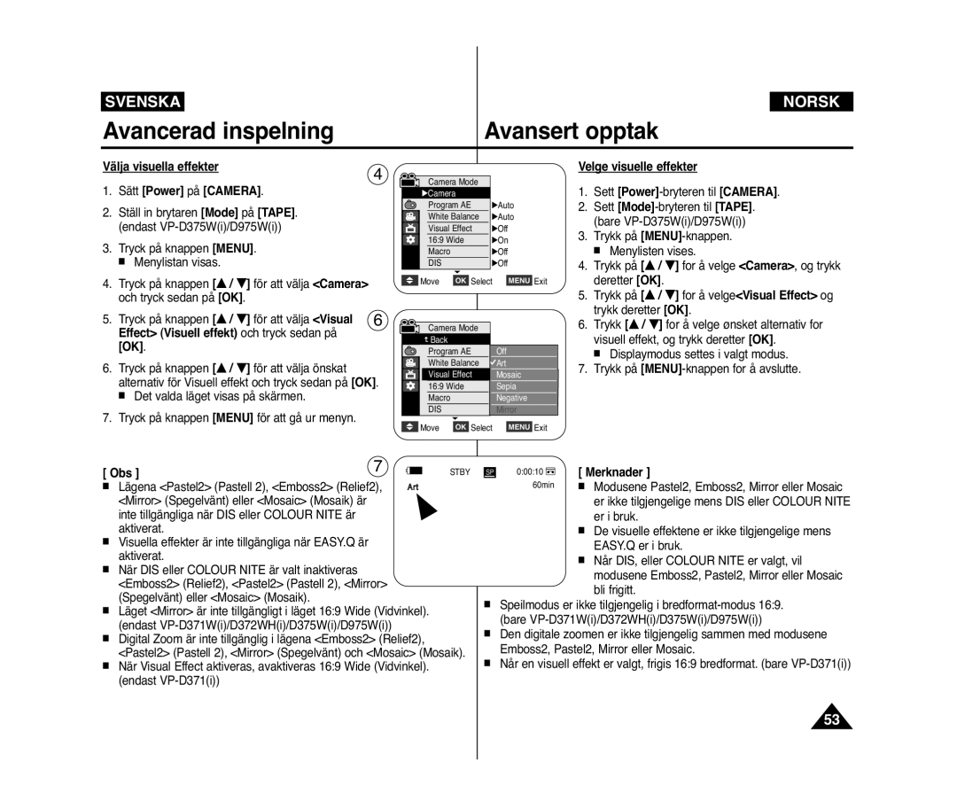 Samsung VP-D371W/XEE, VP-D371/XEE manual Effect Visuell effekt och tryck sedan på 
