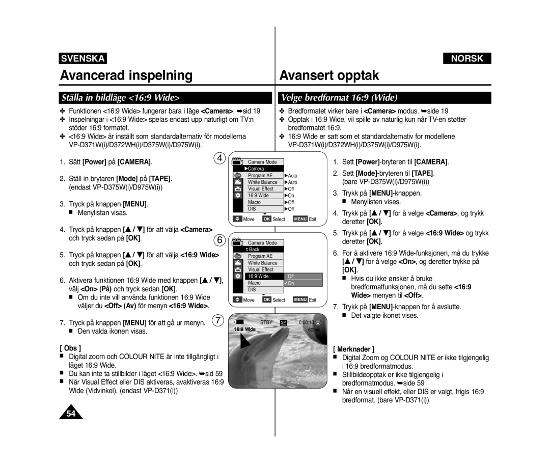 Samsung VP-D371/XEE, VP-D371W/XEE manual Ställa in bildläge 169 Wide, Velge bredformat 169 Wide 
