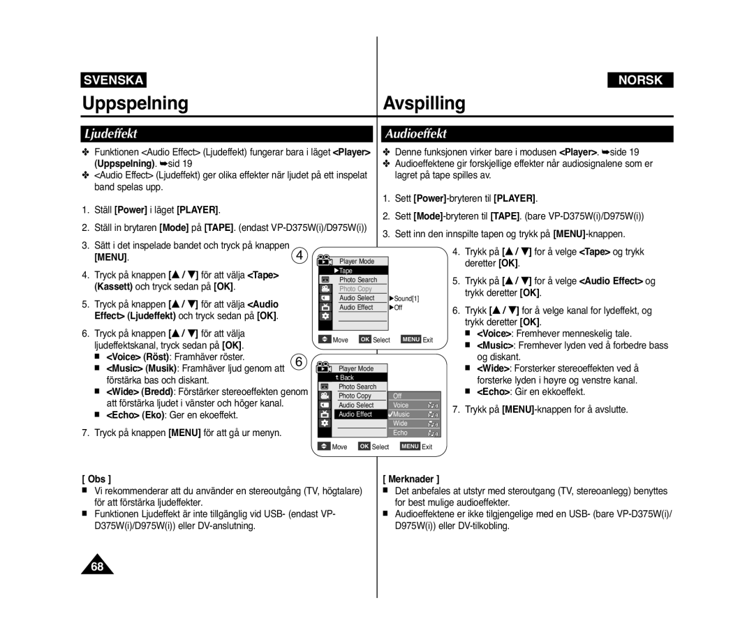 Samsung VP-D371/XEE, VP-D371W/XEE manual Audioeffekt, Effect Ljudeffekt och tryck sedan på OK 