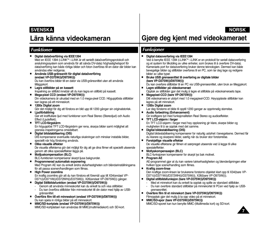 Samsung VP-D371W/XEE, VP-D371/XEE manual Lära känna videokameran, Funktioner, Funksjoner 