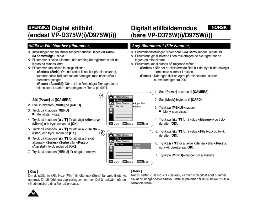 Samsung VP-D371/XEE, VP-D371W/XEE manual Ställa in File Number filnummer Angi filnummeret File Number, Kameraläge. sid 
