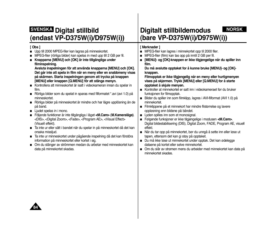 Samsung VP-D371/XEE, VP-D371W/XEE manual Svenska Digital stillbild Digitalt stillbildemodus 