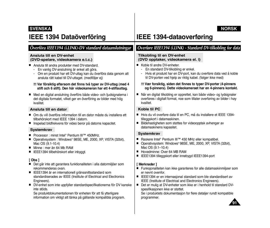 Samsung VP-D371W/XEE, VP-D371/XEE manual Ieee 1394 Dataöverföring Ieee 1394-dataoverføring 