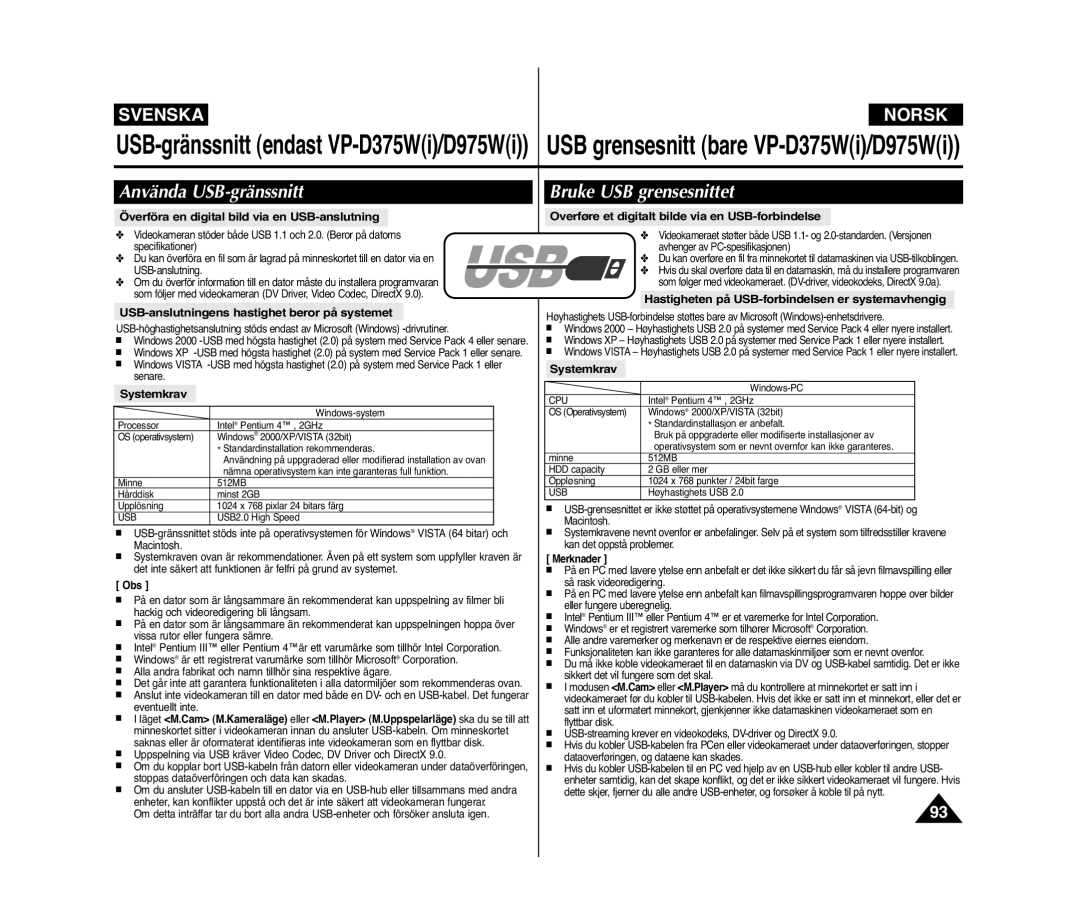 Samsung VP-D371W/XEE, VP-D371/XEE manual Använda USB-gränssnitt Bruke USB grensesnittet, Systemkrav 