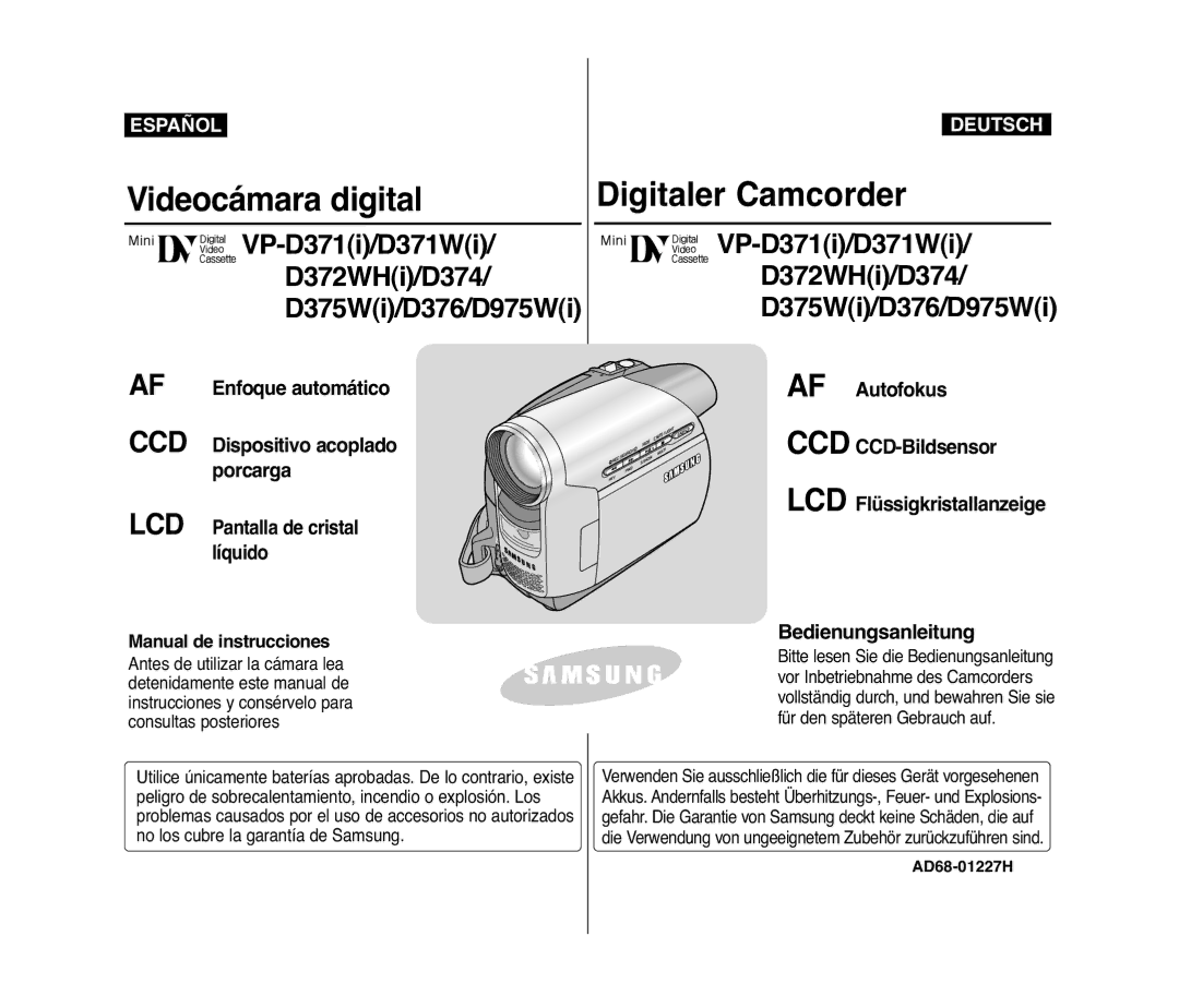 Samsung VP-D371/XEE, VP-D371/XEF, VP-D371W/XEO manual VP-D371i/D371Wi D372WHi/D374 D375Wi/D376/D975Wi, AD68-01227H 