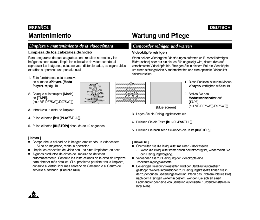 Samsung VP-D371/XEF Limpieza y mantenimiento de la videocámara, Camcorder reinigen und warten, Videoköpfe reinigen, Tape 