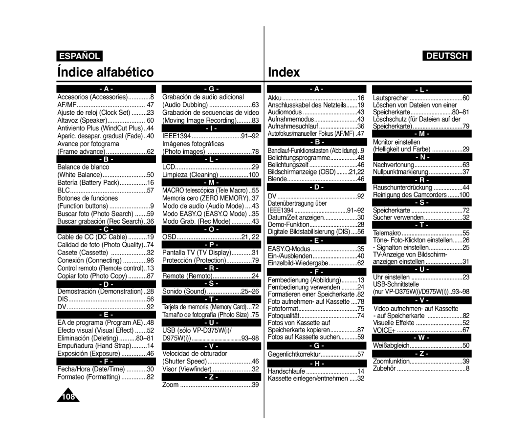 Samsung VP-D371W/XEE, VP-D371/XEF, VP-D371/XEE, VP-D371W/XEO, VP-D371/XEO manual Índice alfabético Index 