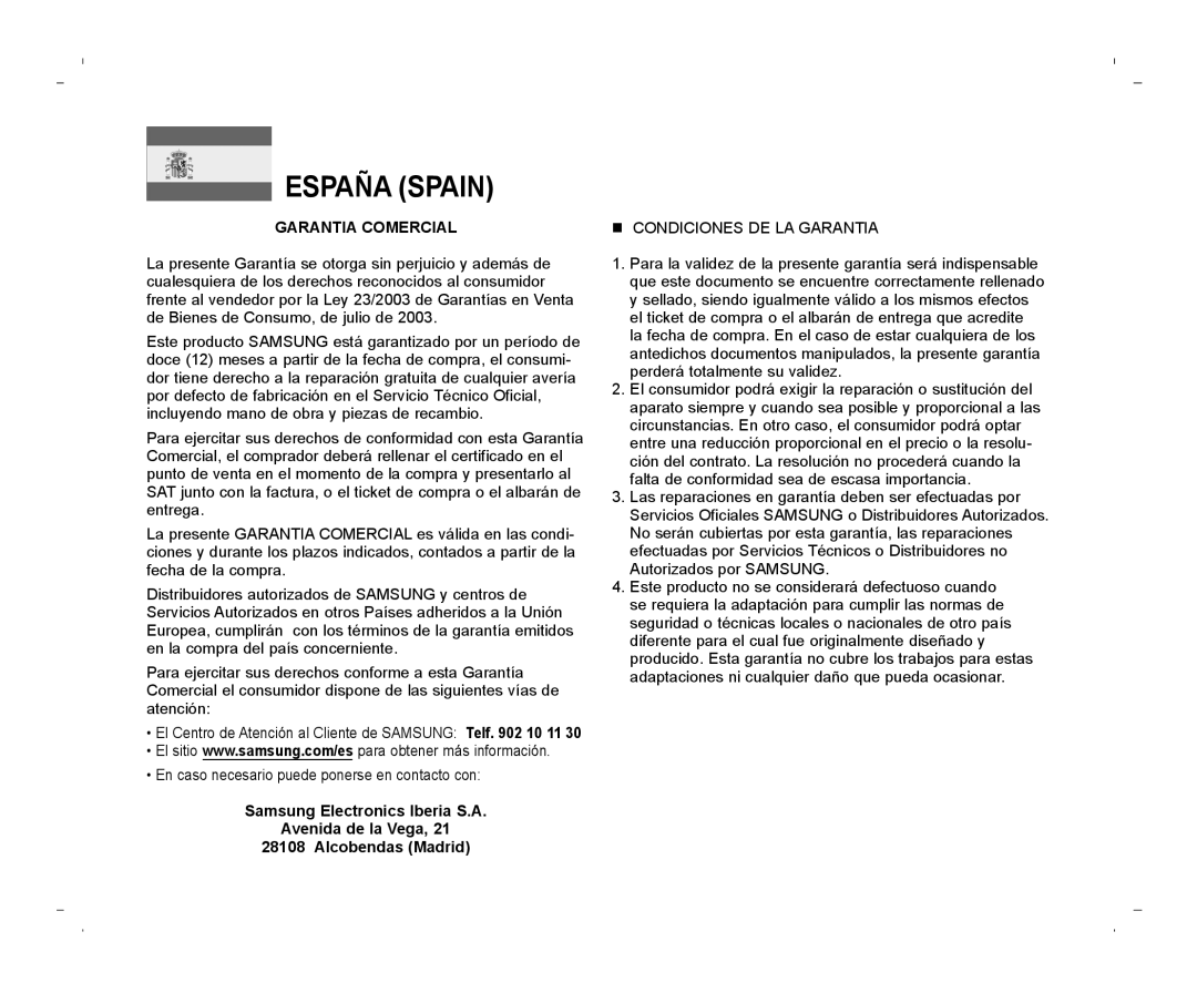 Samsung VP-D371/XEO, VP-D371/XEF, VP-D371/XEE, VP-D371W/XEO, VP-D371W/XEE manual España Spain 