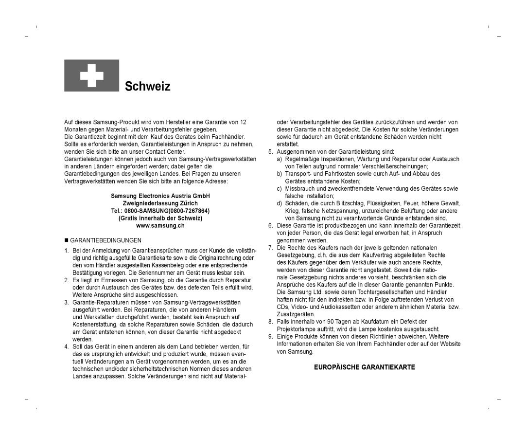 Samsung VP-D371W/XEO, VP-D371/XEF, VP-D371/XEE, VP-D371W/XEE, VP-D371/XEO manual Schweiz 