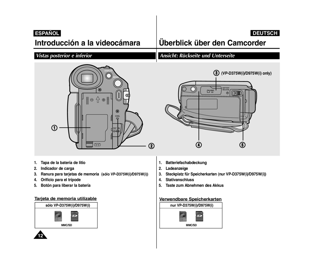 Samsung VP-D371W/XEO, VP-D371/XEF manual Tarjeta de memoria utilizable, Verwendbare Speicherkarten, # VP-D375Wi/D975Wi only 