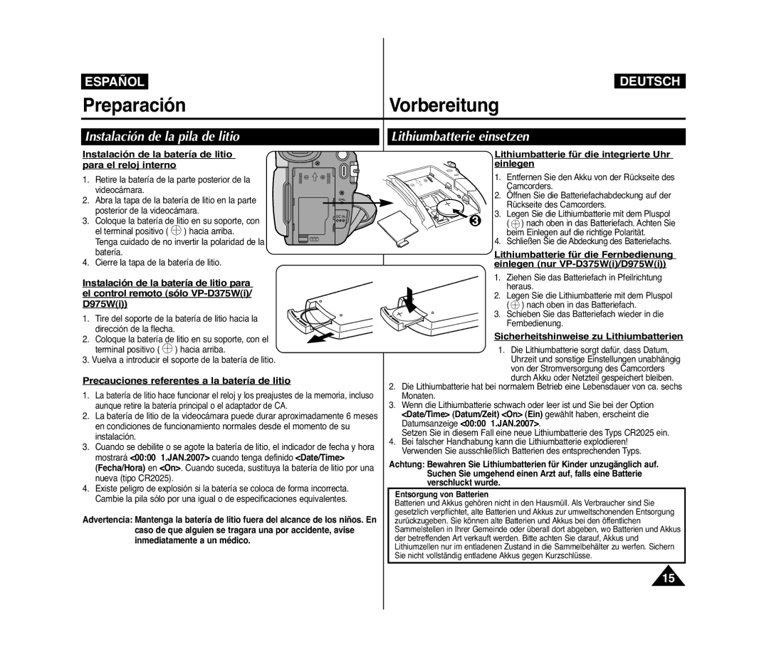 Samsung VP-D371/XEF, VP-D371/XEE, VP-D371W/XEO, VP-D371W/XEE manual Instalación de la pila de litio, Lithiumbatterie einsetzen 