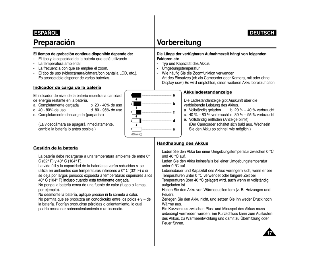 Samsung VP-D371W/XEO Indicador de carga de la batería, Akkuladestandanzeige, Gestión de la batería, Handhabung des Akkus 