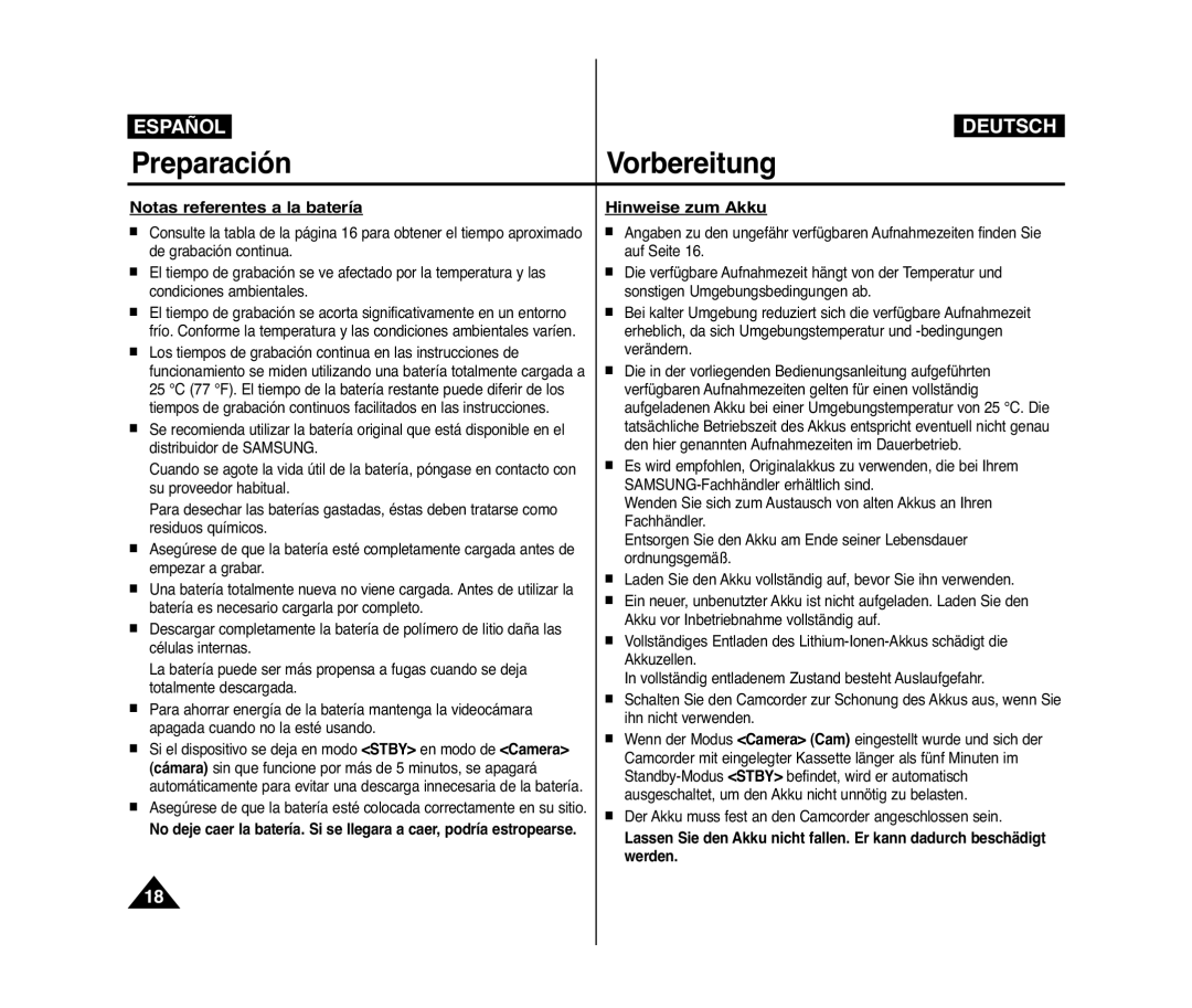 Samsung VP-D371W/XEE, VP-D371/XEF, VP-D371/XEE, VP-D371W/XEO, VP-D371/XEO Notas referentes a la batería, Hinweise zum Akku 