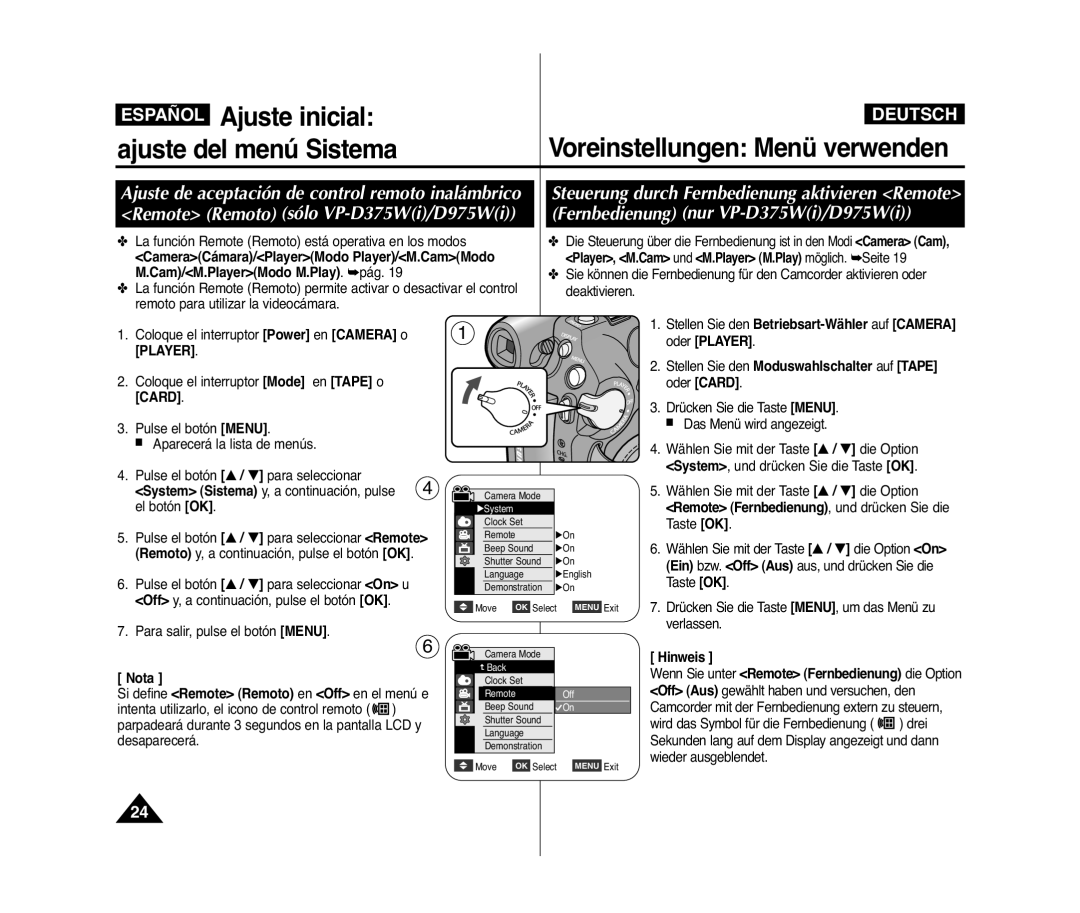 Samsung VP-D371/XEO Stellen Sie den Betriebsart-Wähler auf Camera, Oder Player, Stellen Sie den Moduswahlschalter auf Tape 