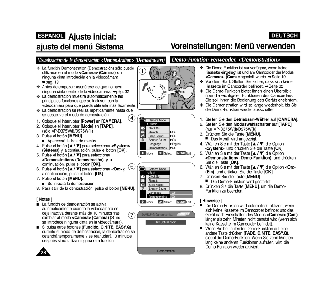 Samsung VP-D371W/XEE, VP-D371/XEF manual Demo-Funktion verwenden Demonstration, Demonstration Demo-Funktion , und drücken 