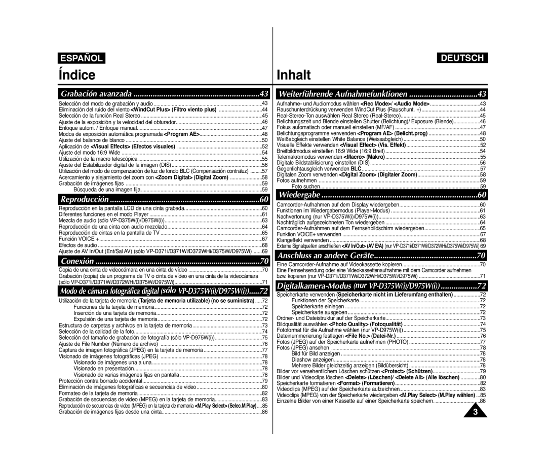 Samsung VP-D371W/XEE, VP-D371/XEF, VP-D371/XEE, VP-D371W/XEO, VP-D371/XEO Índice, Digitalkamera-Modus nur VP-D375Wi/D975Wi 