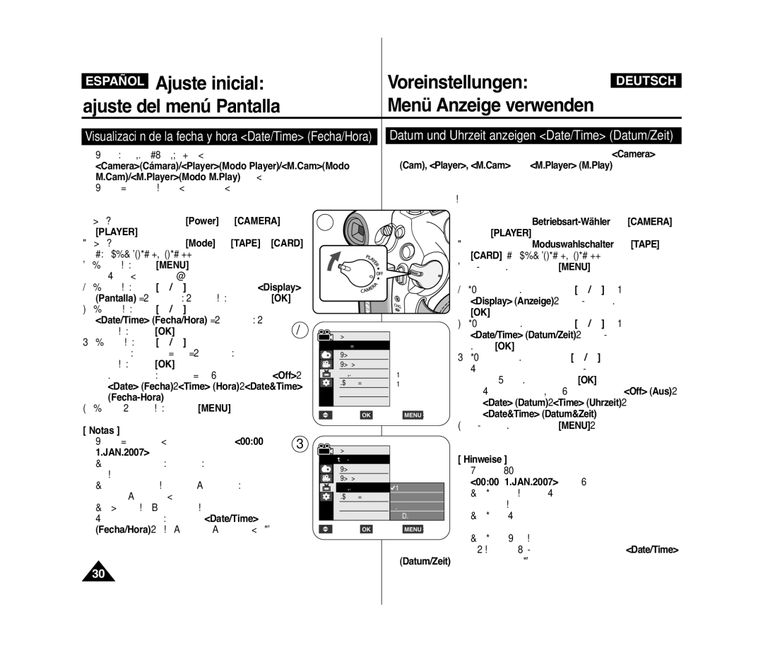 Samsung VP-D371/XEF Datum und Uhrzeit anzeigen Date/Time Datum/Zeit, Visualización de la fecha y hora Date/Time Fecha/Hora 
