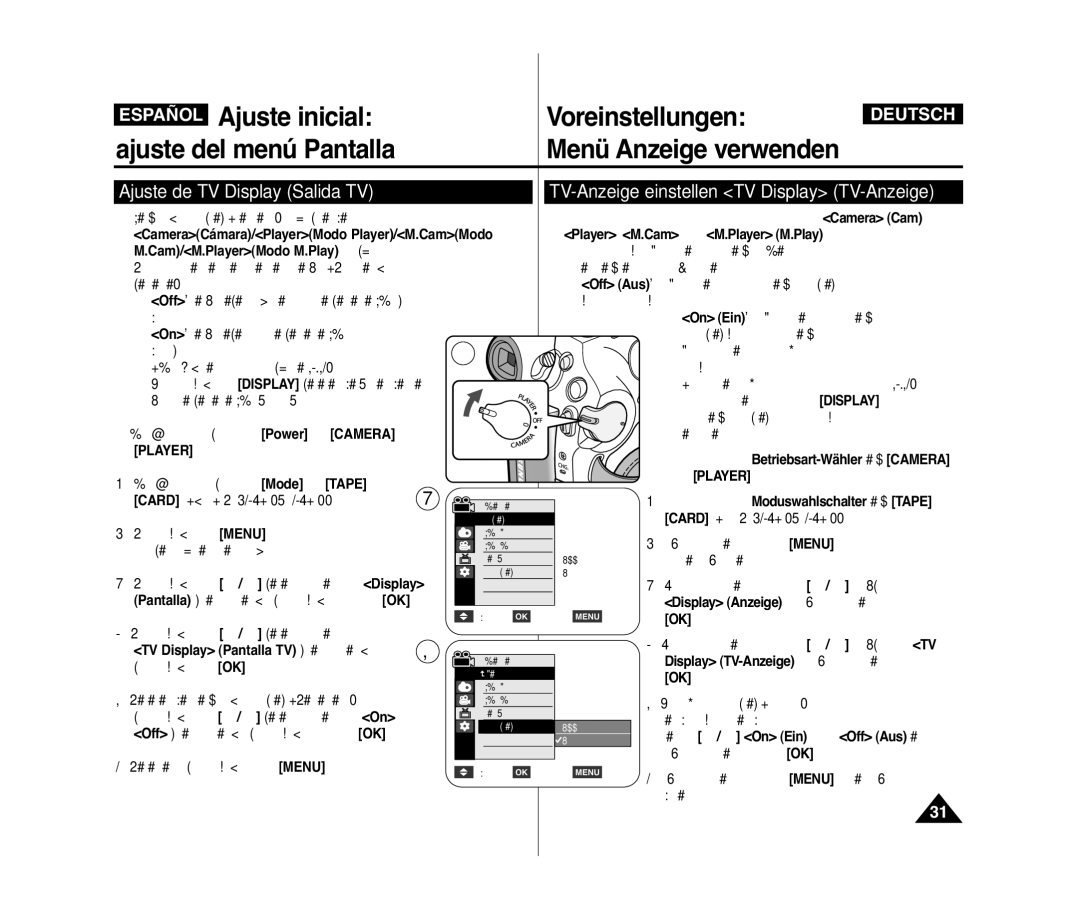 Samsung VP-D371/XEE, VP-D371/XEF, VP-D371W/XEO Ajuste de TV Display Salida TV, TV-Anzeige einstellen TV Display TV-Anzeige 