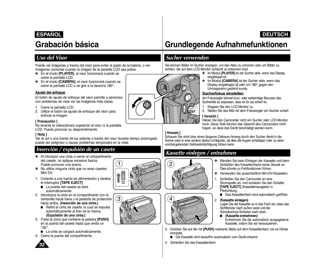 Samsung VP-D371W/XEO, VP-D371/XEF Grabación básica, Uso del Visor, Sucher verwenden, Inserción / expulsión de un casete 