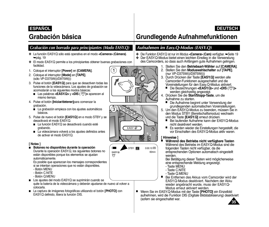 Samsung VP-D371/XEF, VP-D371/XEE Aufnahmen im Easy.Q-Modus EASY.Q, Grabación con borrado para principiantes Modo EASY.Q 