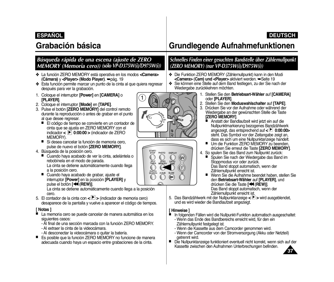 Samsung VP-D371W/XEO, VP-D371/XEF, VP-D371/XEE manual PLAYER.1, Stellen Sie den Betriebsart-Wähler auf Camera oder Player 