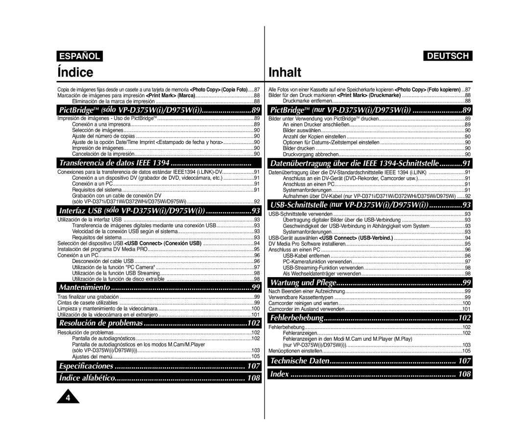 Samsung VP-D371/XEO, VP-D371/XEF manual PictBridgeTM sólo VP-D375Wi/D975Wi, PictBridgeTM nur VP-D375Wi/D975Wi, 102, 107, 108 