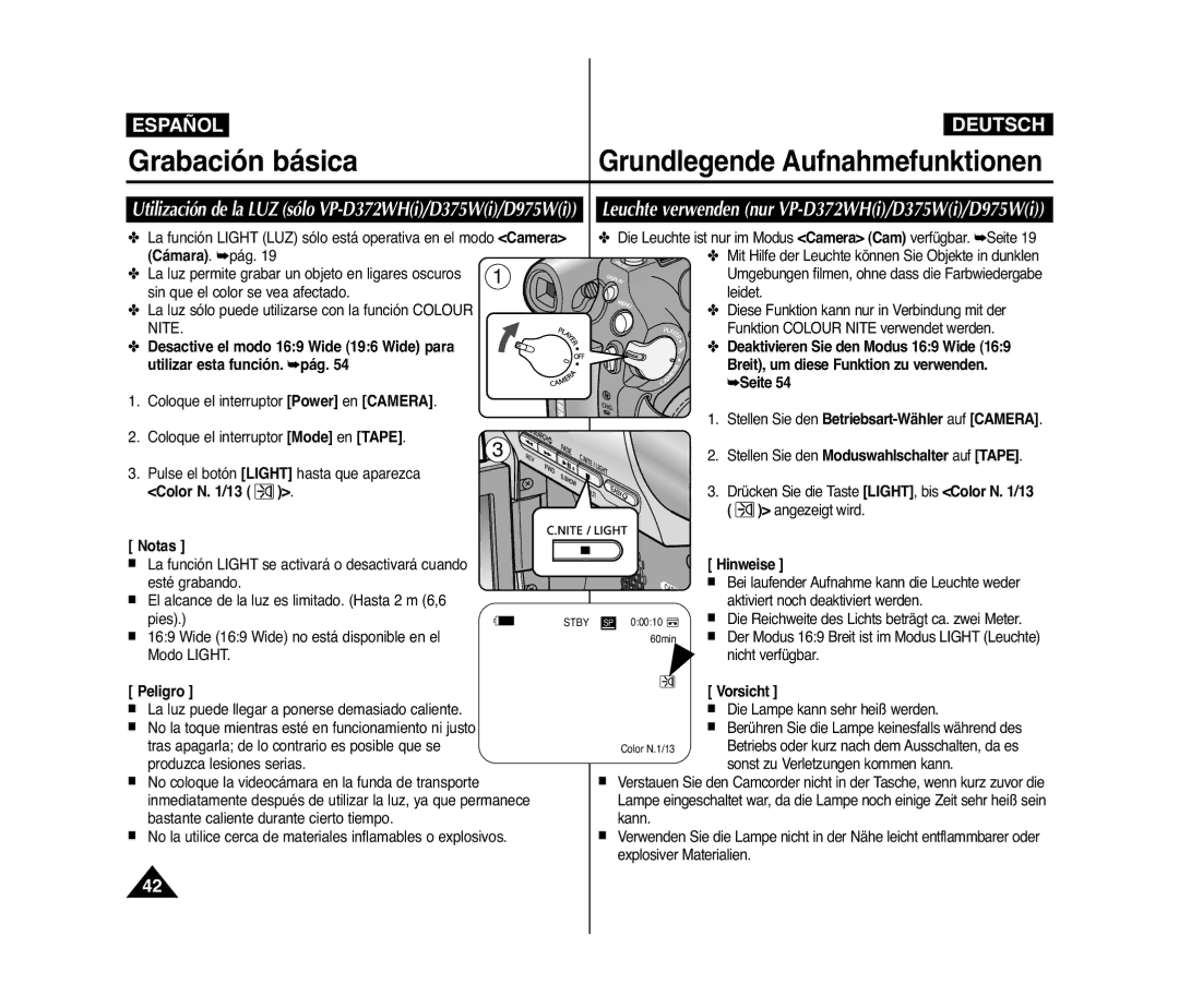 Samsung VP-D371W/XEO, VP-D371/XEF, VP-D371/XEE, VP-D371W/XEE, VP-D371/XEO manual Seite, Color N /13, Peligro Vorsicht 