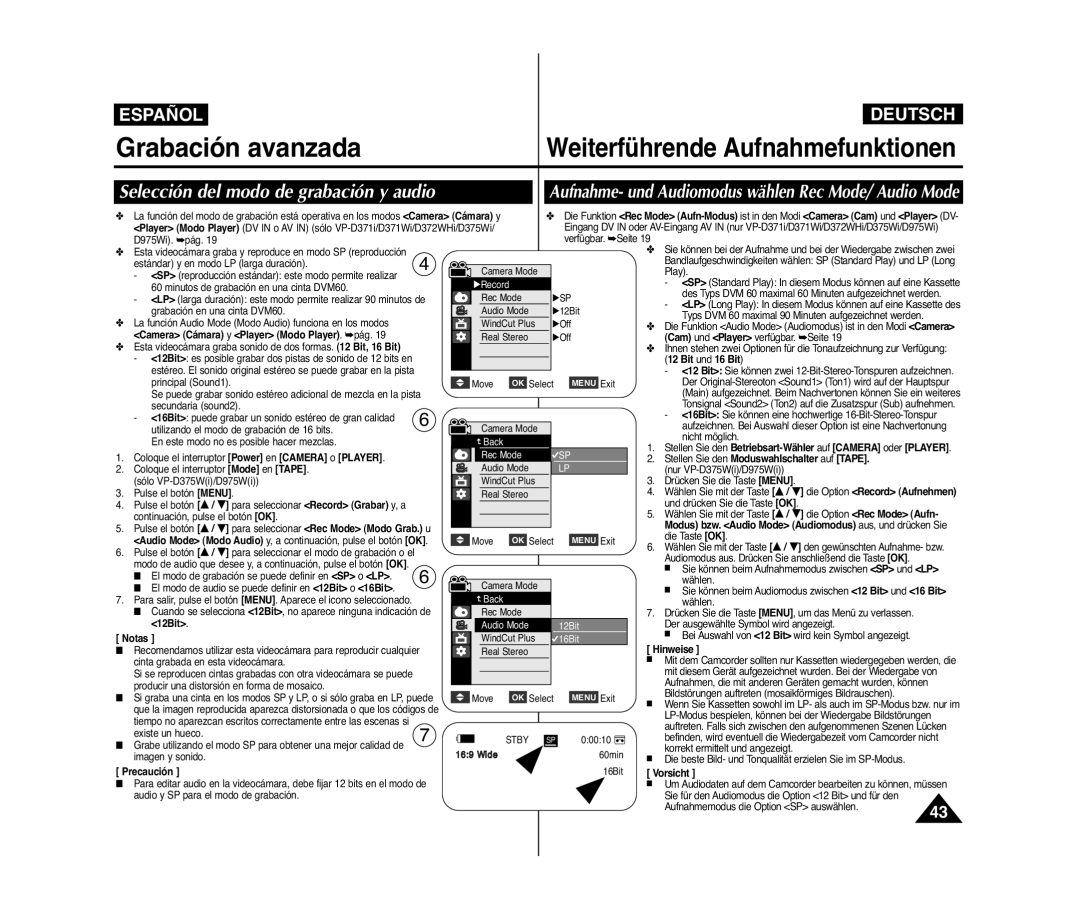 Samsung VP-D371W/XEE, VP-D371/XEF, VP-D371/XEE, VP-D371W/XEO Grabación avanzada, Selección del modo de grabación y audio 