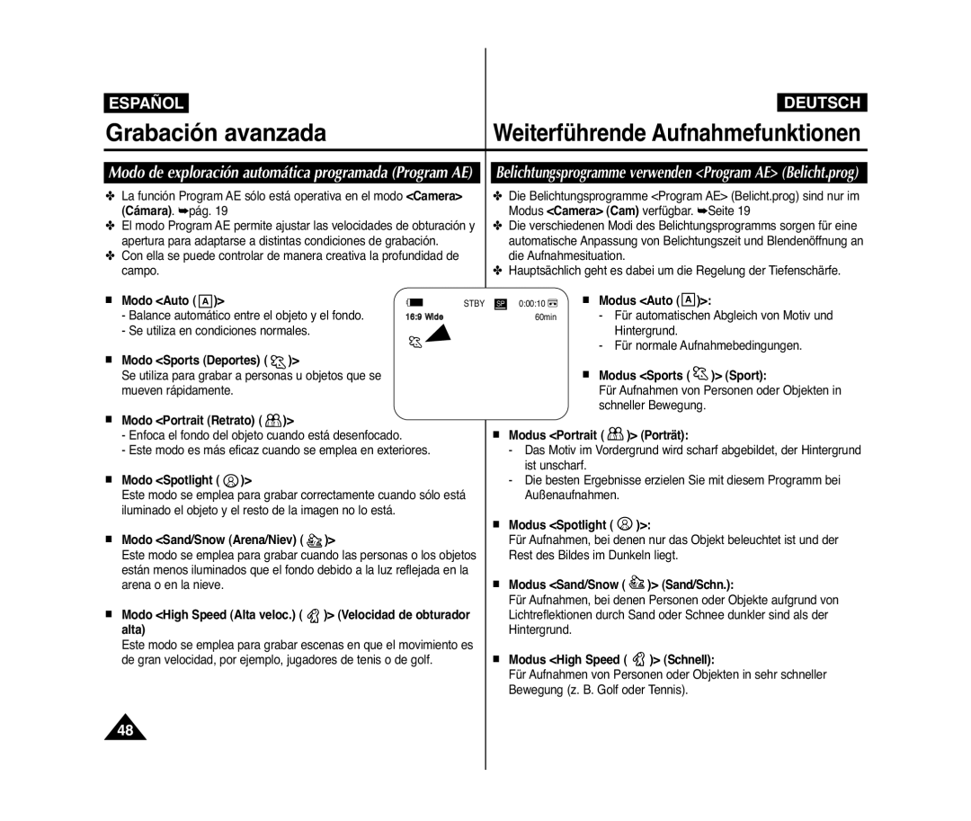 Samsung VP-D371W/XEE, VP-D371/XEF, VP-D371/XEE, VP-D371W/XEO manual Modo de exploración automática programada Program AE 