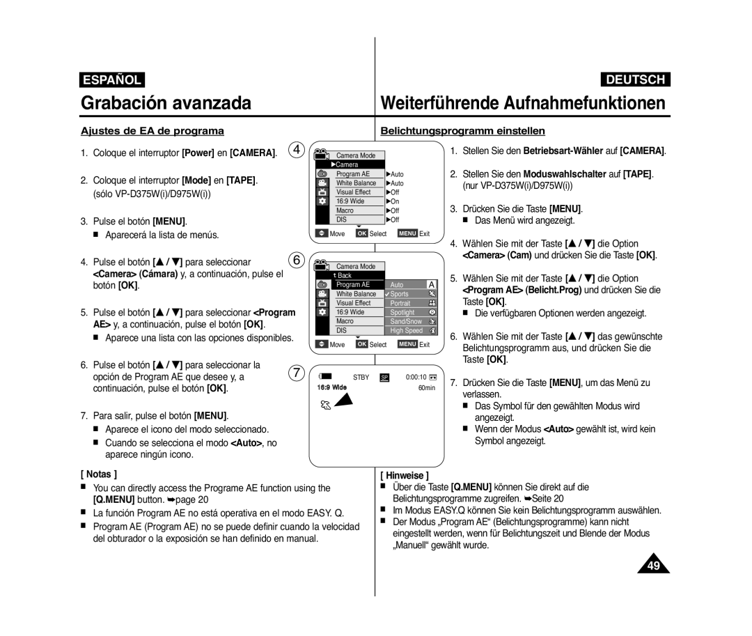 Samsung VP-D371/XEO manual Ajustes de EA de programa Belichtungsprogramm einstellen, Pulse el botón … / † para seleccionar 