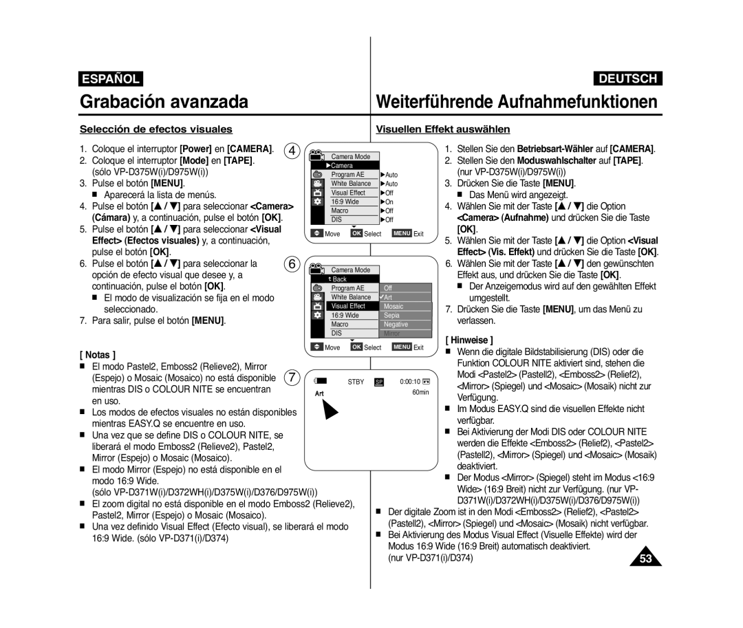 Samsung VP-D371W/XEE Selección de efectos visuales Visuellen Effekt auswählen, Effect Efectos visuales y, a continuación 