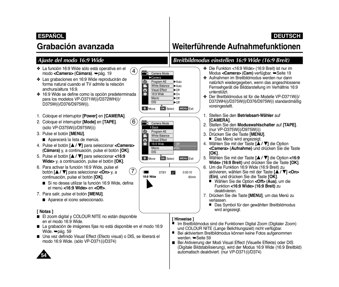 Samsung VP-D371/XEO, VP-D371/XEF, VP-D371/XEE, VP-D371W/XEO, VP-D371W/XEE manual Grabación avanzada, Modo Camera Cámara . pág 