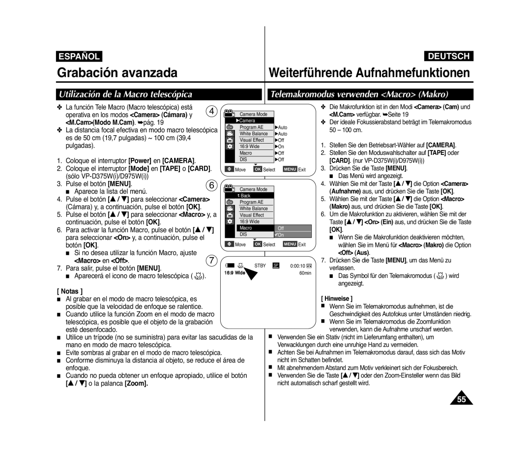 Samsung VP-D371/XEF, VP-D371/XEE, VP-D371W/XEO, VP-D371W/XEE, VP-D371/XEO manual CamModo M.Cam. pág, Off Aus Macro en Off 