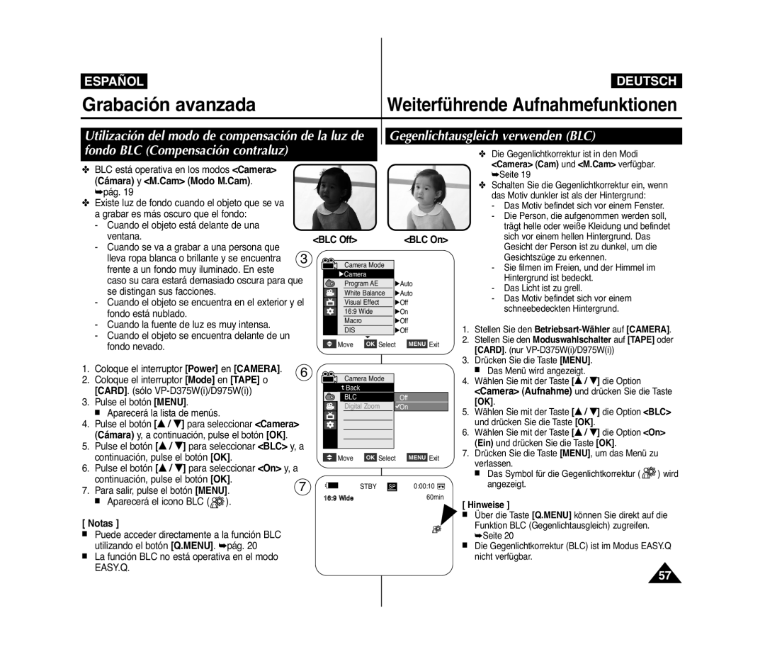 Samsung VP-D371W/XEO, VP-D371/XEF Gegenlichtausgleich verwenden BLC, Utilización del modo de compensación de la luz de 