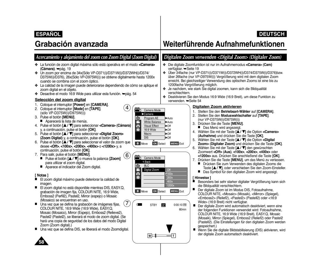 Samsung VP-D371W/XEE, VP-D371/XEF manual Digitalen Zoom verwenden Digital Zoom Digitaler Zoom, Selección del zoom digital 