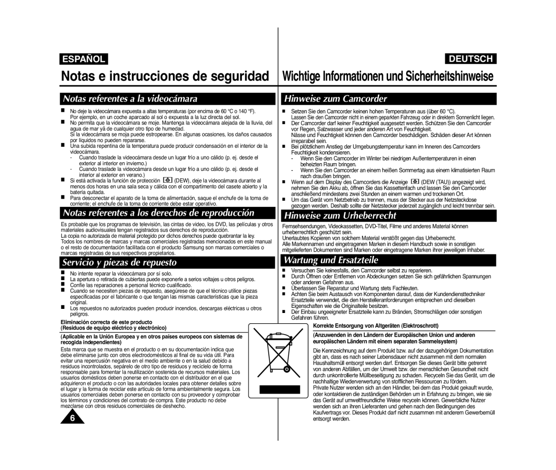 Samsung VP-D371/XEE manual Notas referentes a la videocámara, Hinweise zum Urheberrecht, Servicio y piezas de repuesto 