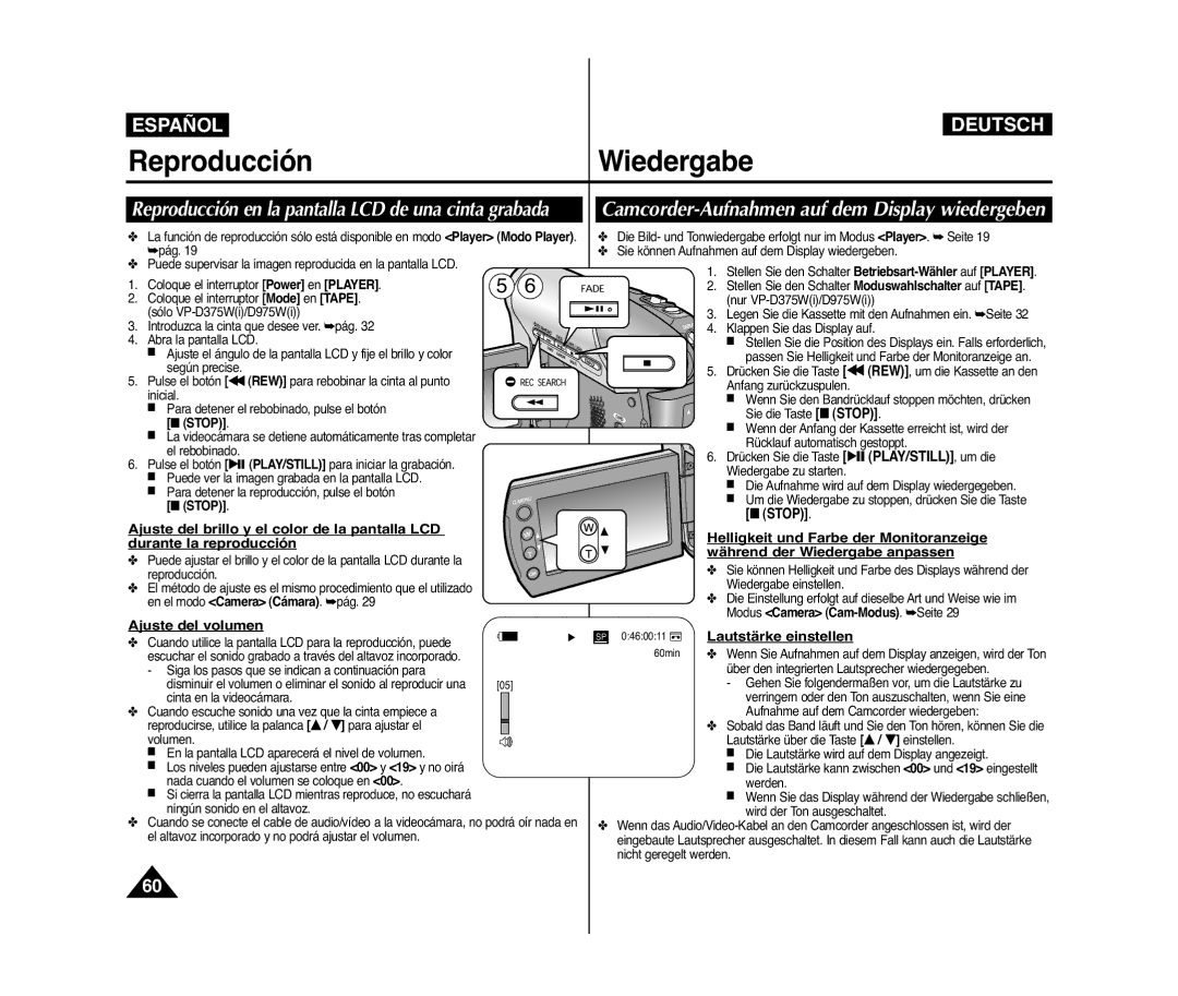 Samsung VP-D371/XEF, VP-D371/XEE, VP-D371W/XEO manual ReproducciónWiedergabe, Ajuste del volumen, Lautstärke einstellen, Stop 