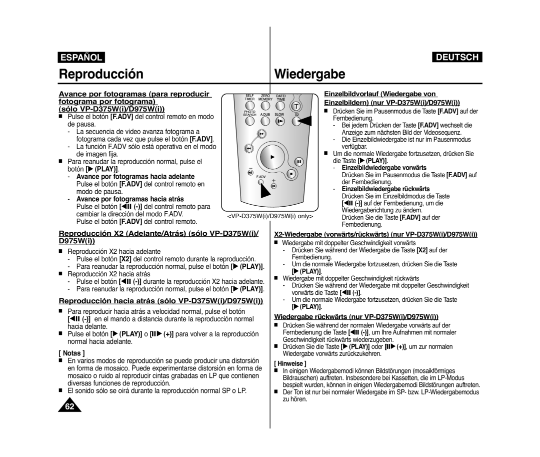 Samsung VP-D371W/XEO Reproducción X2 Adelante/Atrás sólo VP-D375Wi/ D975Wi, Reproducción hacia atrás sólo VP-D375Wi/D975Wi 