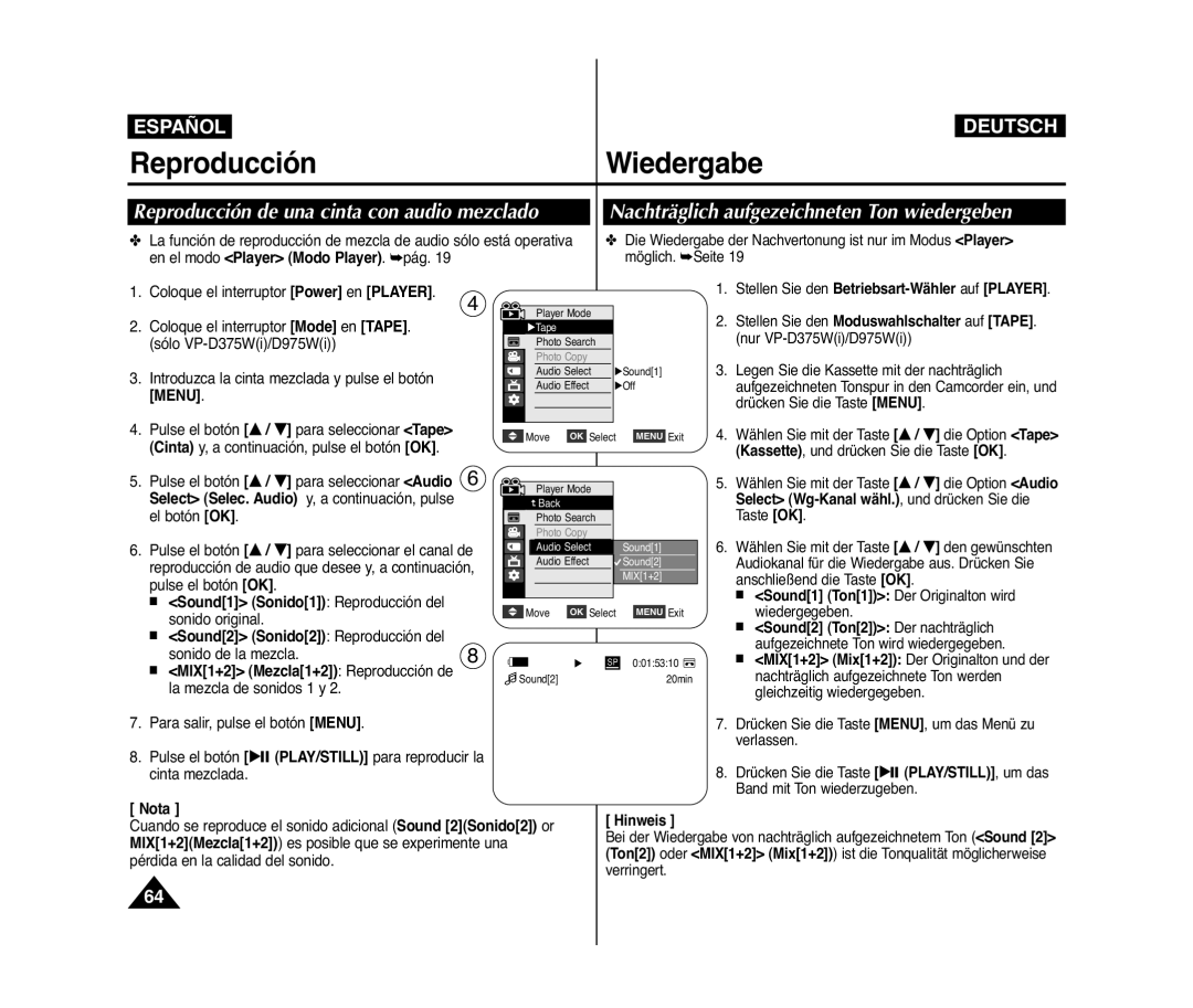 Samsung VP-D371/XEO, VP-D371/XEF, VP-D371/XEE, VP-D371W/XEO, VP-D371W/XEE manual Reproducción Wiedergabe 