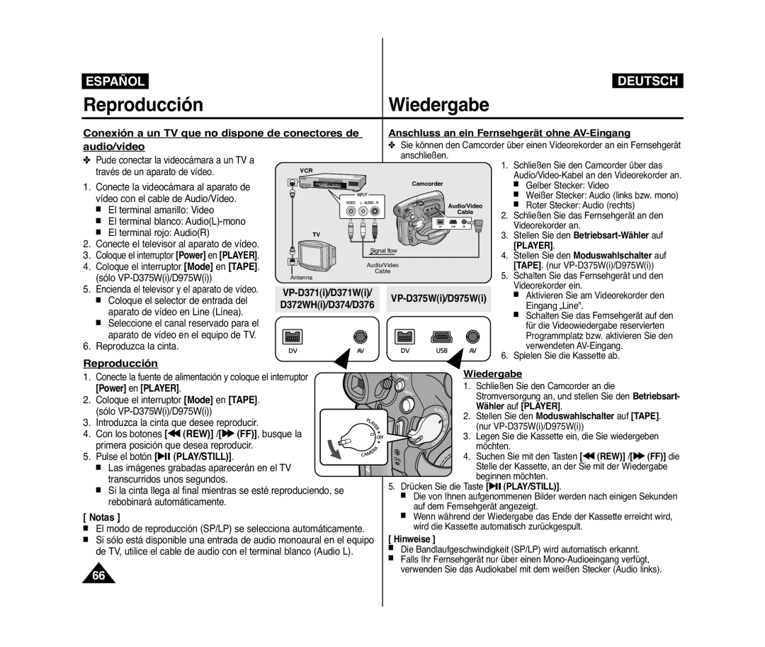 Samsung VP-D371/XEE, VP-D371/XEF, VP-D371W/XEO, VP-D371W/XEE, VP-D371/XEO manual Reproducción, √Wiedergabe 