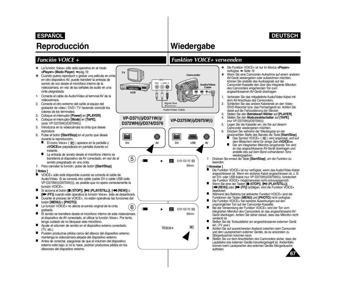 Samsung VP-D371W/XEO, VP-D371/XEF manual Función Voice + Funktion VOICE+ verwenden, D372WHi/D374/D376 VP-D375Wi/D975Wi 