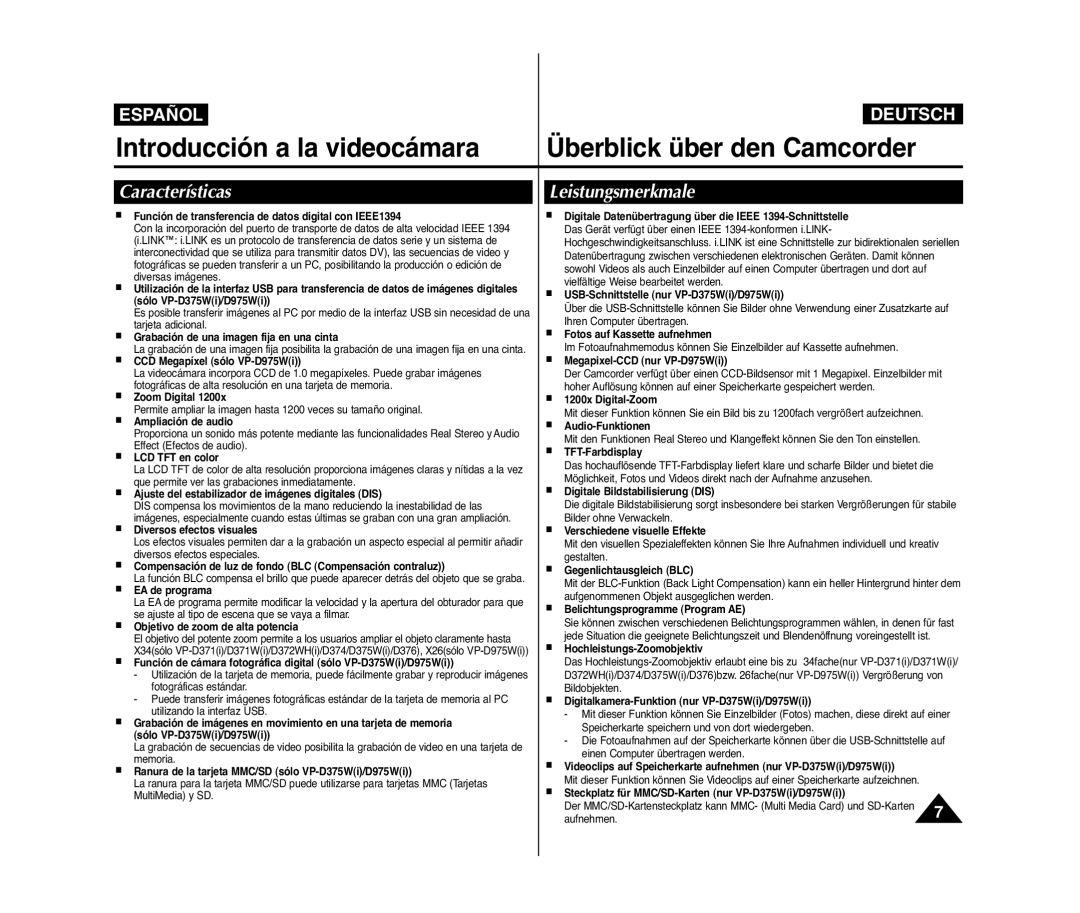 Samsung VP-D371W/XEO manual Introducción a la videocámara Überblick über den Camcorder, Características, Leistungsmerkmale 